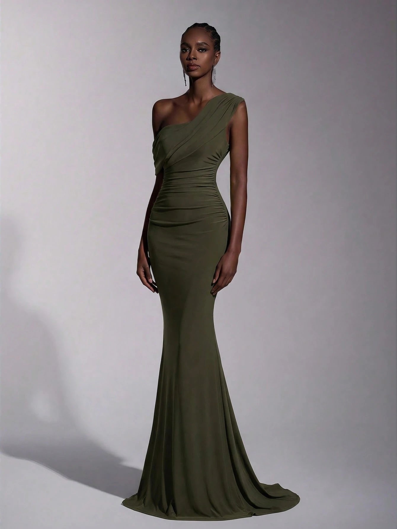 Elitara 2025 New Elegant Navy Blue Mesh One-Shoulder Ruched Decor Fitted Maxi Dress, Suitable For Weddings, - image 6