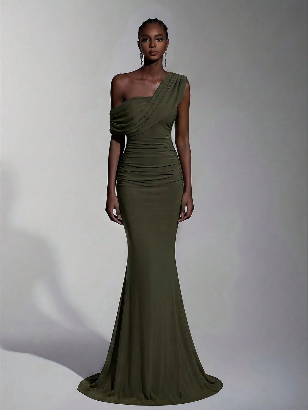 Elitara 2025 New Elegant Navy Blue Mesh One-Shoulder Ruched Decor Fitted Maxi Dress, Suitable For Weddings, - image 7