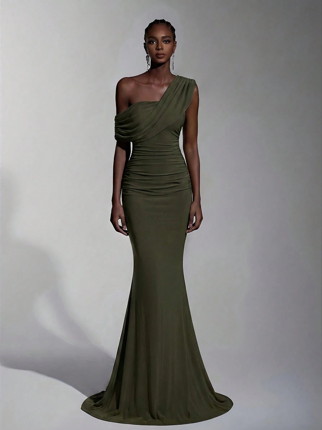 Elitara 2025 New Elegant Navy Blue Mesh One-Shoulder Ruched Decor Fitted Maxi Dress, Suitable For Weddings, - image 7