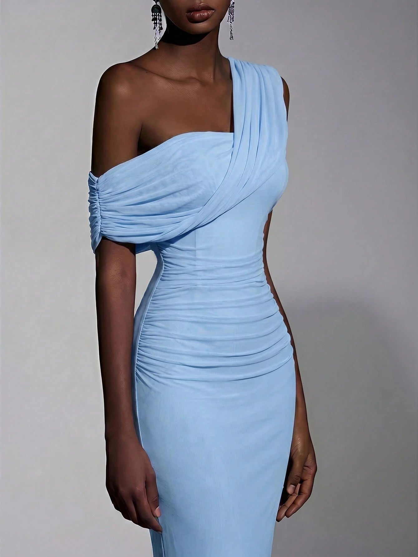 Elitara 2025 New Elegant Navy Blue Mesh One-Shoulder Ruched Decor Fitted Maxi Dress, Suitable For Weddings, - image 18