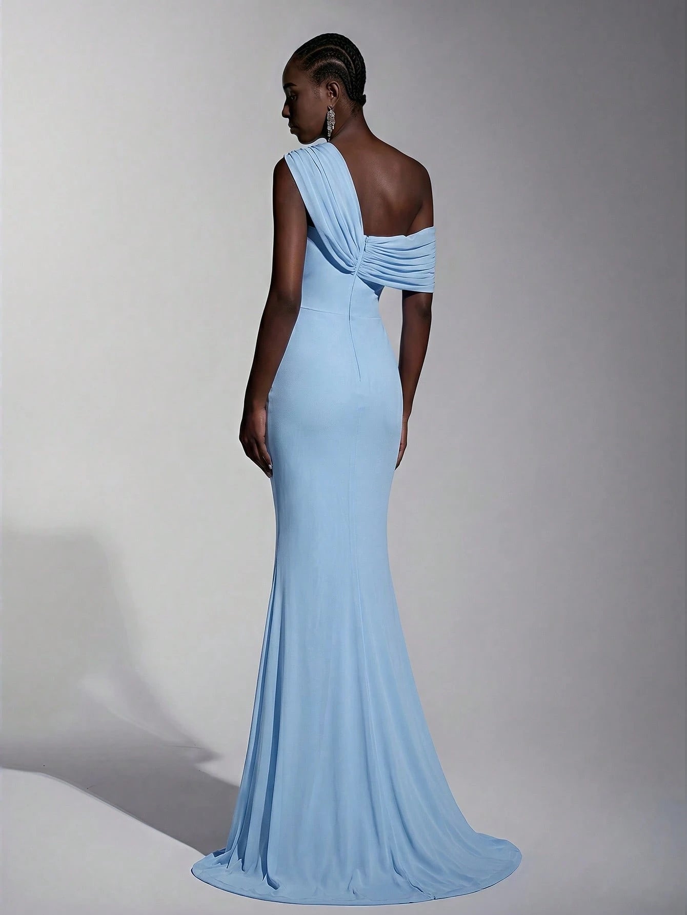 Elitara 2025 New Elegant Navy Blue Mesh One-Shoulder Ruched Decor Fitted Maxi Dress, Suitable For Weddings, - image 19