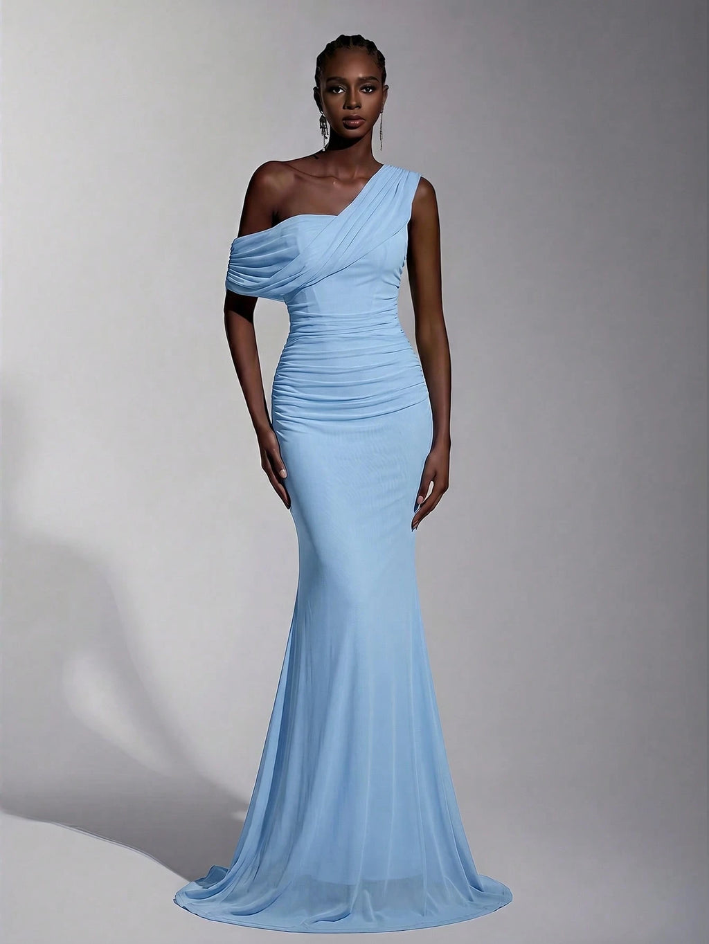 Elitara 2025 New Elegant Navy Blue Mesh One-Shoulder Ruched Decor Fitted Maxi Dress, Suitable For Weddings, - image 20