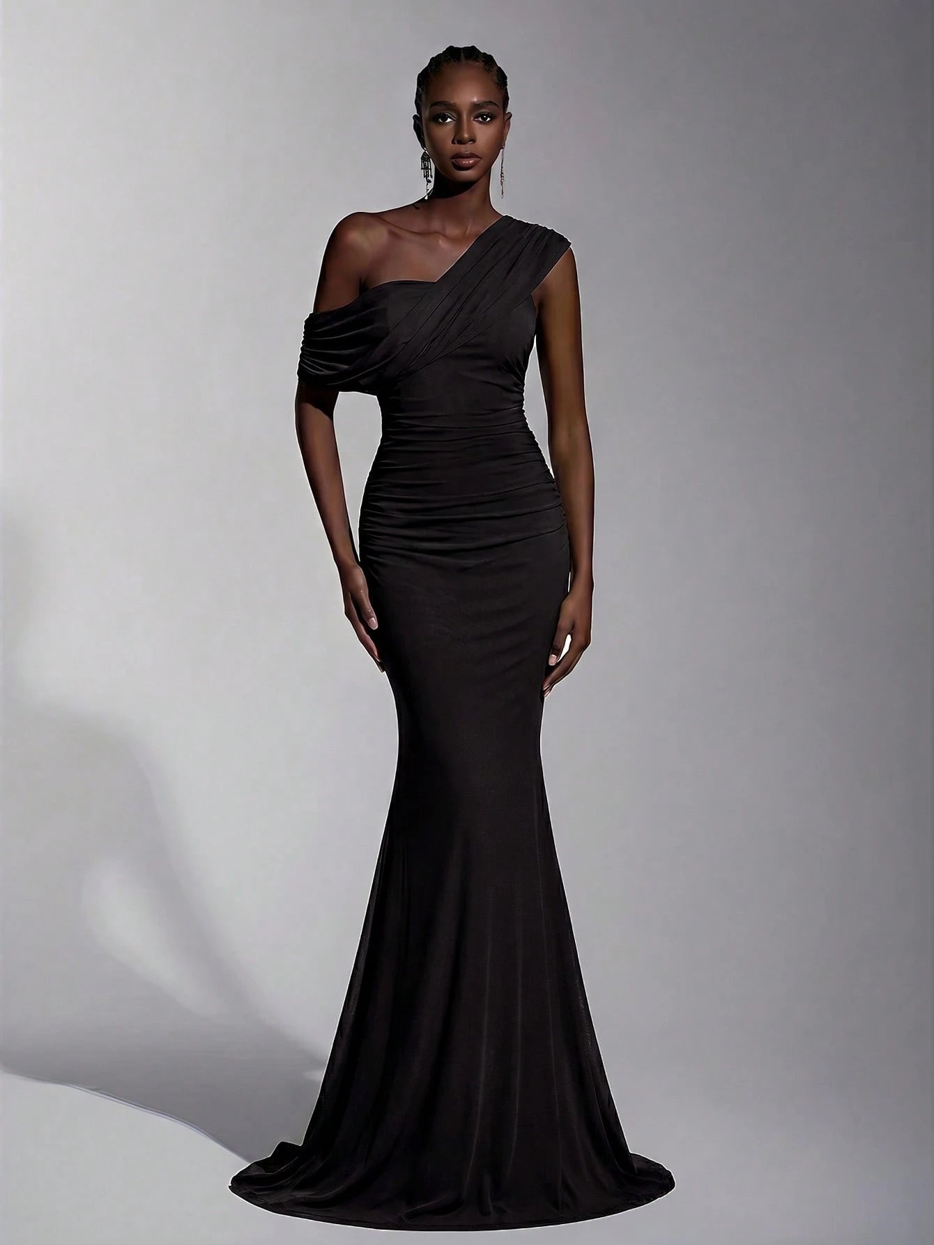 Elitara 2025 New Elegant Navy Blue Mesh One-Shoulder Ruched Decor Fitted Maxi Dress, Suitable For Weddings, - image 13