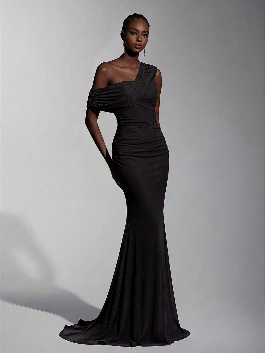 Elitara 2025 New Elegant Navy Blue Mesh One-Shoulder Ruched Decor Fitted Maxi Dress, Suitable For Weddings, - image 14