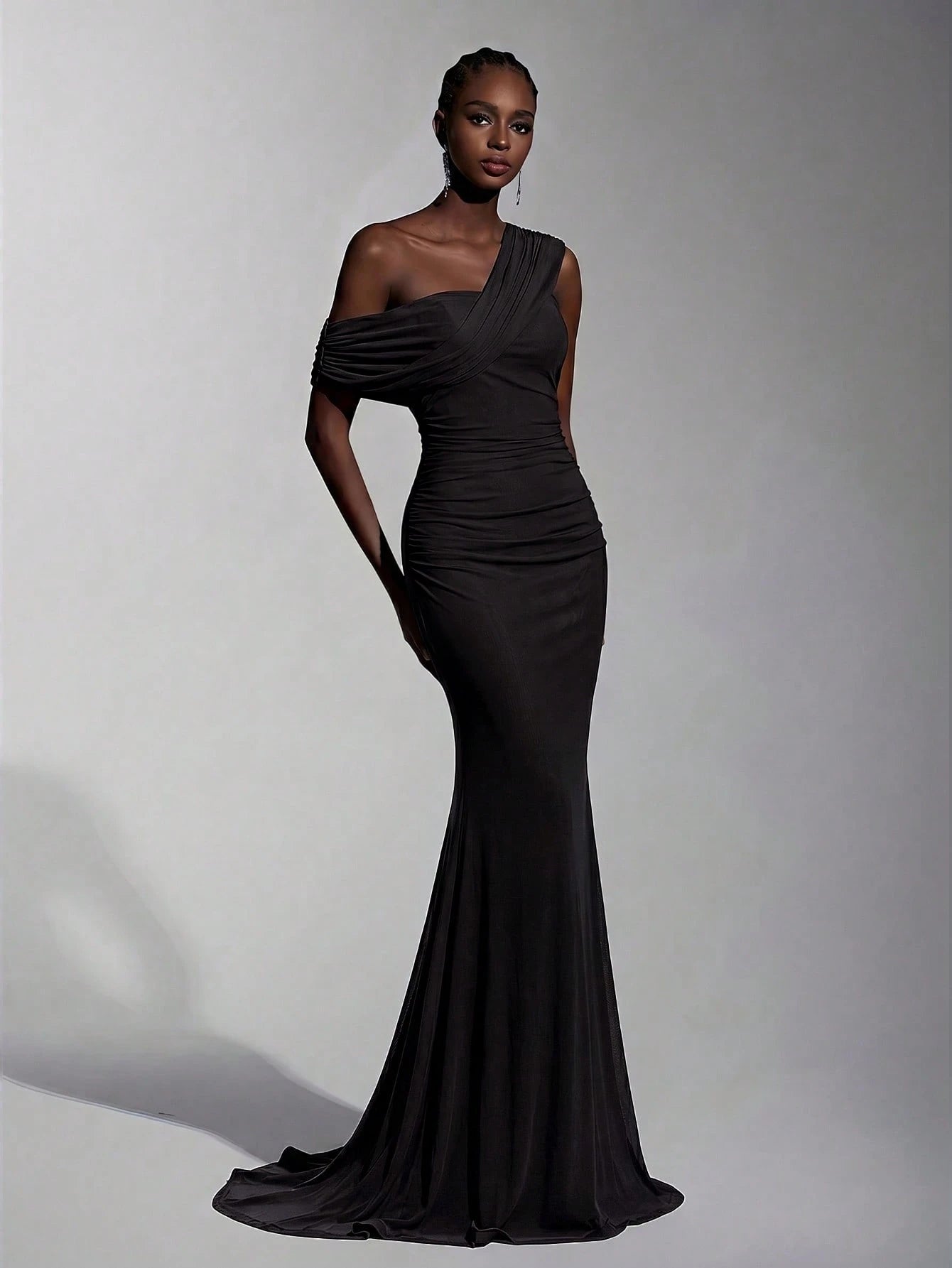 Elitara 2025 New Elegant Navy Blue Mesh One-Shoulder Ruched Decor Fitted Maxi Dress, Suitable For Weddings, - image 14