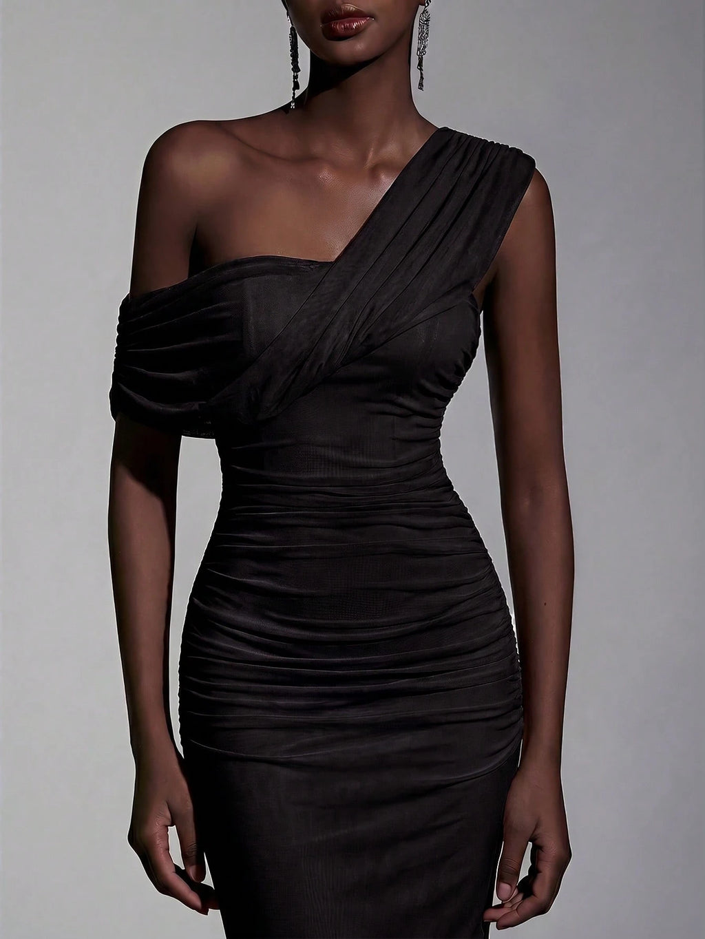 Elitara 2025 New Elegant Navy Blue Mesh One-Shoulder Ruched Decor Fitted Maxi Dress, Suitable For Weddings, - image 15