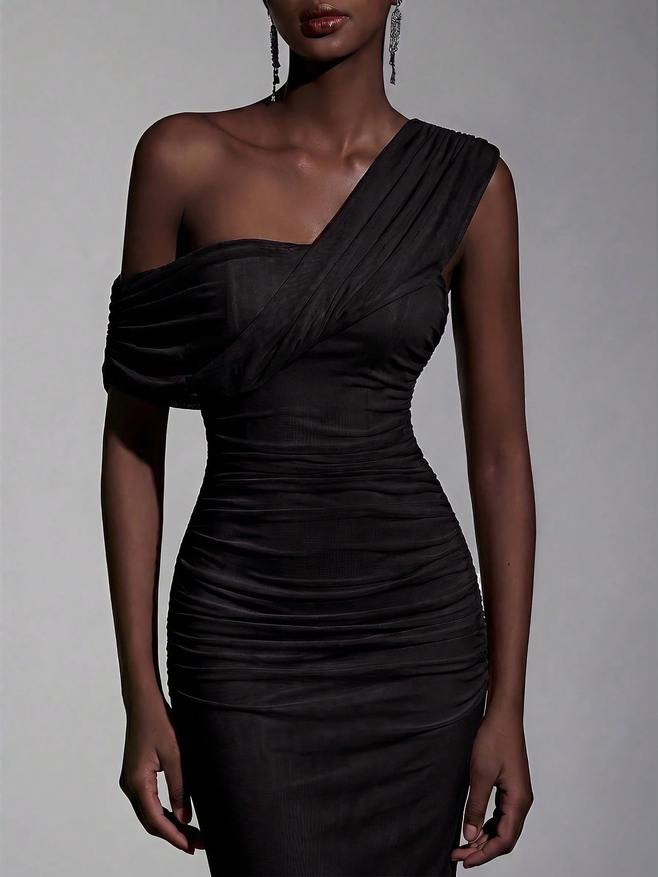 Elitara 2025 New Elegant Navy Blue Mesh One-Shoulder Ruched Decor Fitted Maxi Dress, Suitable For Weddings, - image 15