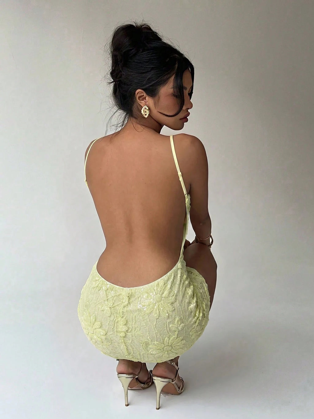 Aloruh Women's 70s Elegant Backless Mini Dress,Olive Green 3D Floral Embroidery Sequin Sheer Detail Bodycon - image 2