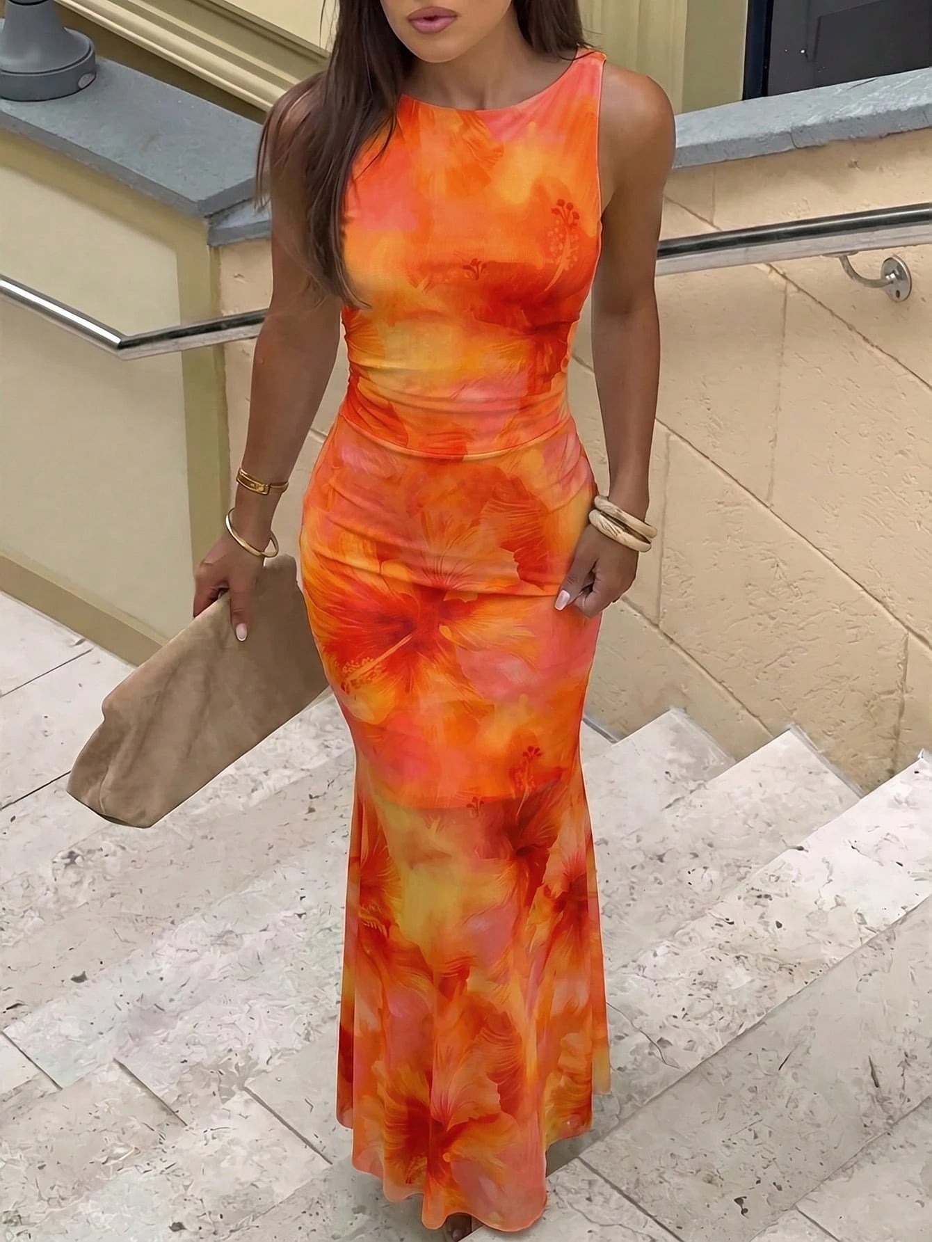 Aloruh Spring/Summer Vacation Floral Print Long Dress Backless Dress Elegant Tropical Party Vacation Light - image 7