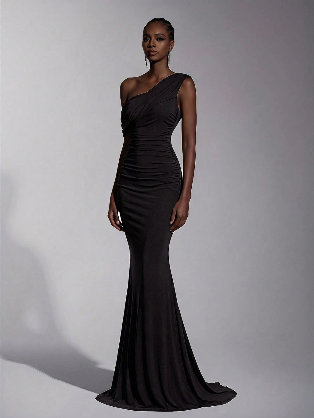 Elitara 2025 New Elegant Navy Blue Mesh One-Shoulder Ruched Decor Fitted Maxi Dress, Suitable For Weddings, - image 16