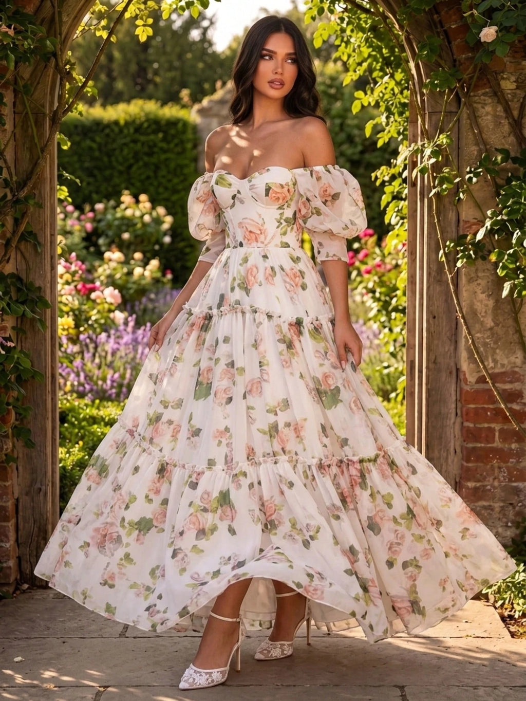 Floral Dress Half Sleeve Drawstring Puffy A-Line French Beach Wedding Graduation Gown - image 2