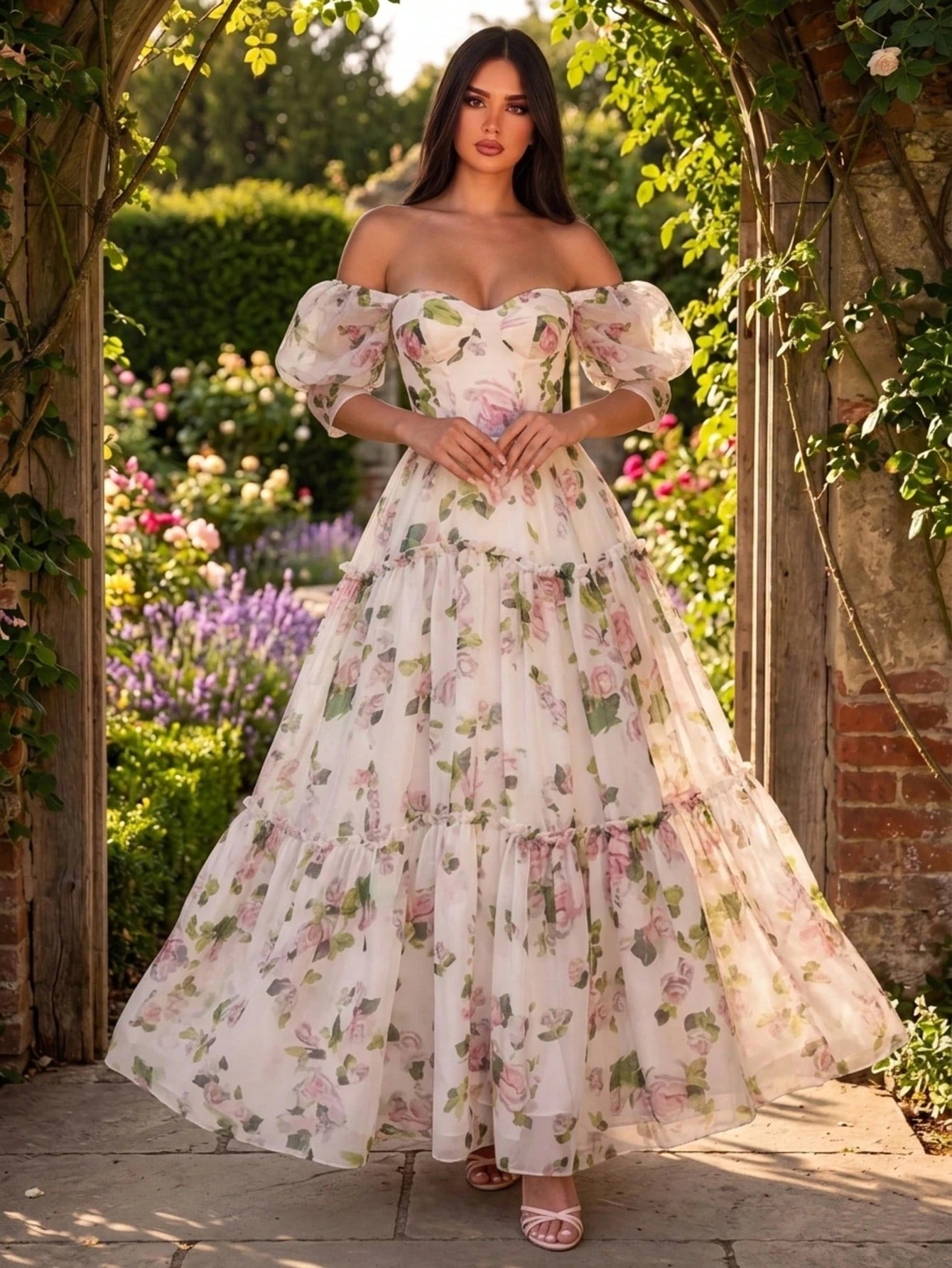 Floral Dress Half Sleeve Drawstring Puffy A-Line French Beach Wedding Graduation Gown - image 5