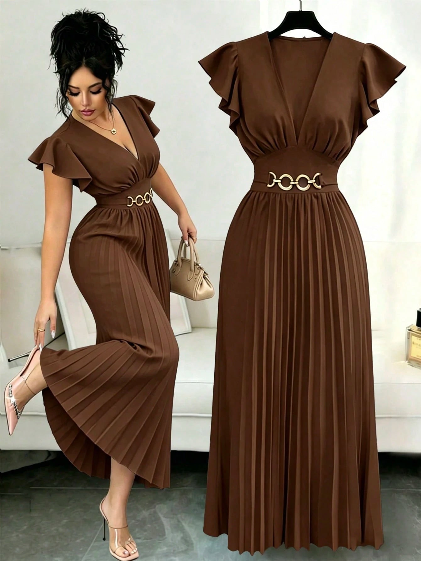 Elenzga New V-Neck Ruffle Sleeve Woven Solid Color Metal Decor