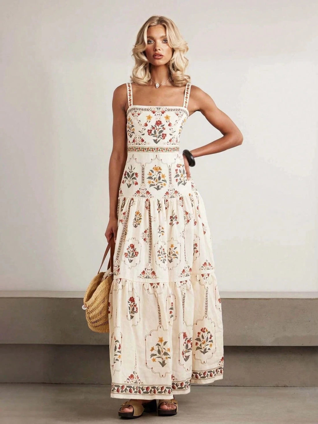 Women's Summer Boho Floral Print Tiered Maxi Dress Square Neck