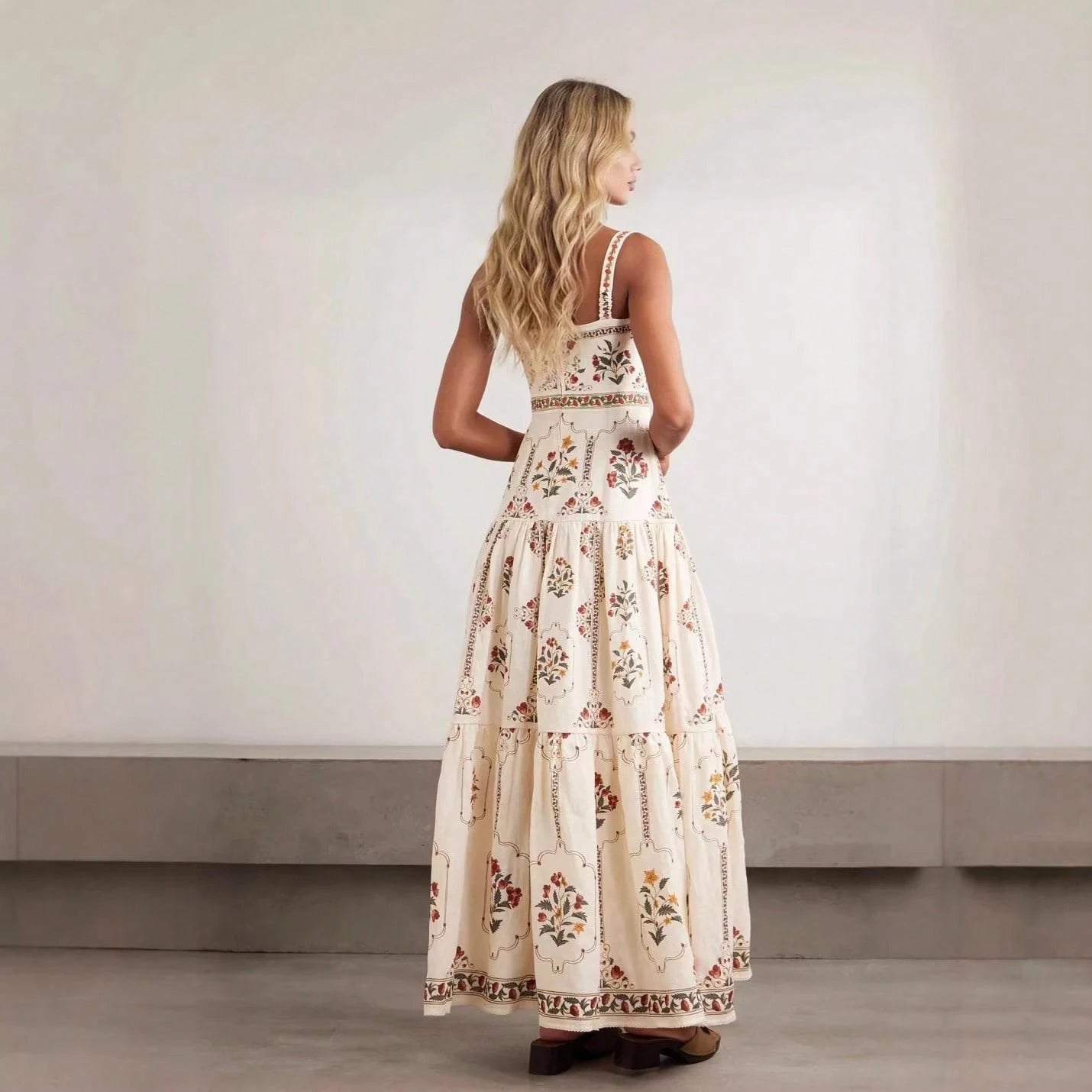 Women's Summer Boho Floral Print Tiered Maxi Dress Square Neck