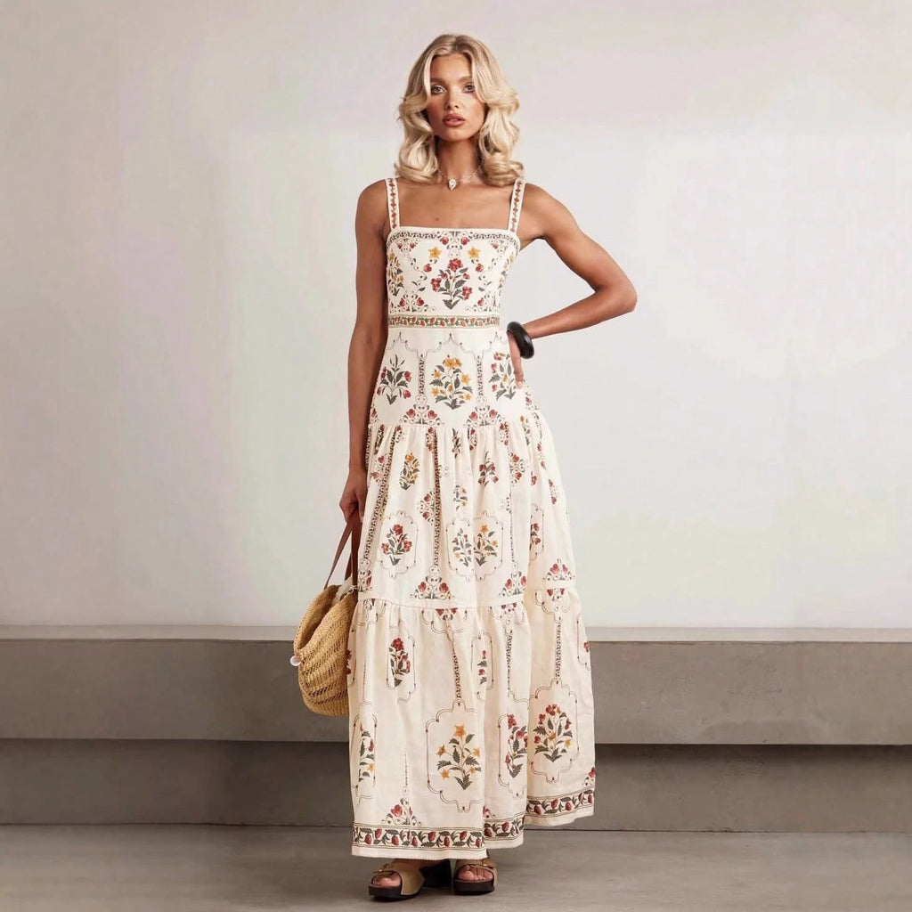 Women's Summer Boho Floral Print Tiered Maxi Dress Square Neck