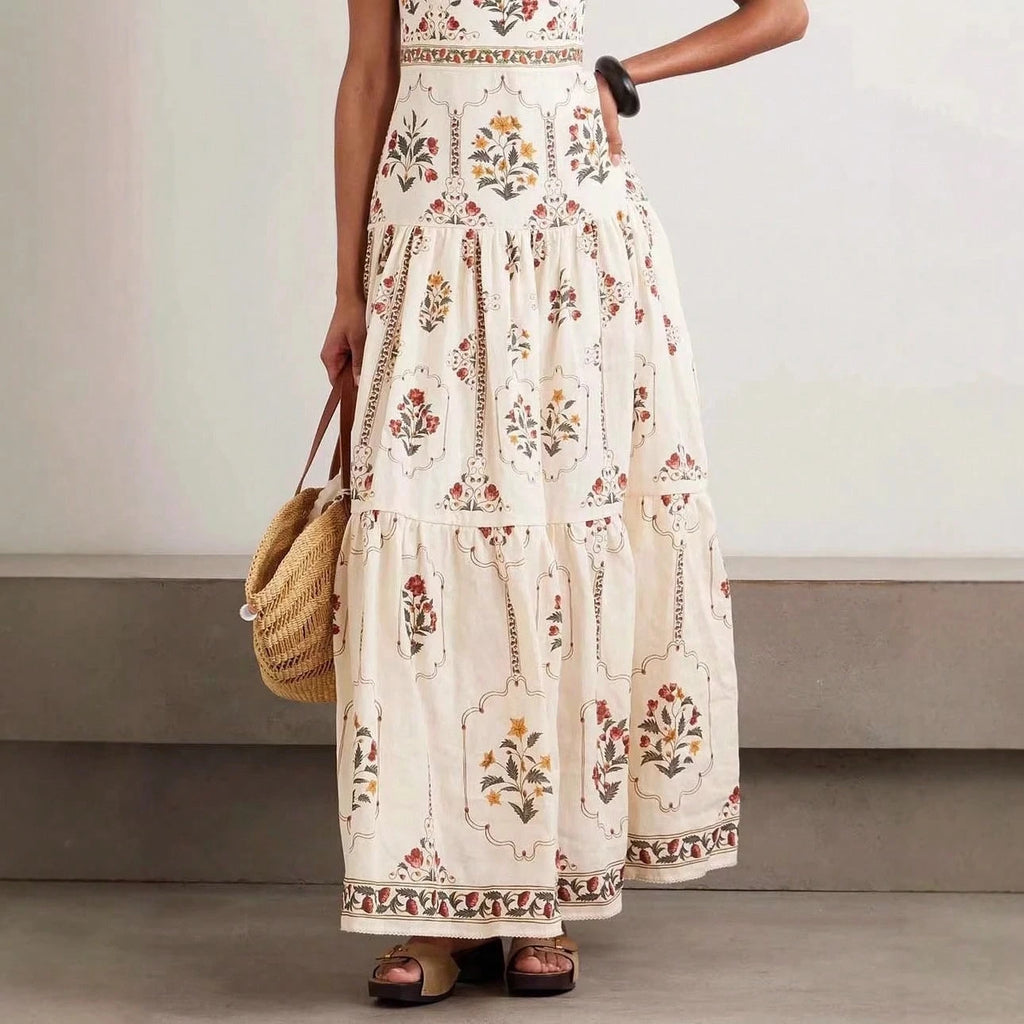 Women's Summer Boho Floral Print Tiered Maxi Dress Square Neck