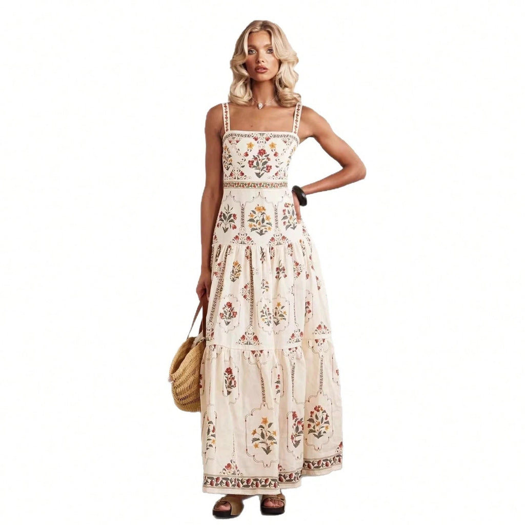 Women's Summer Boho Floral Print Tiered Maxi Dress Square Neck