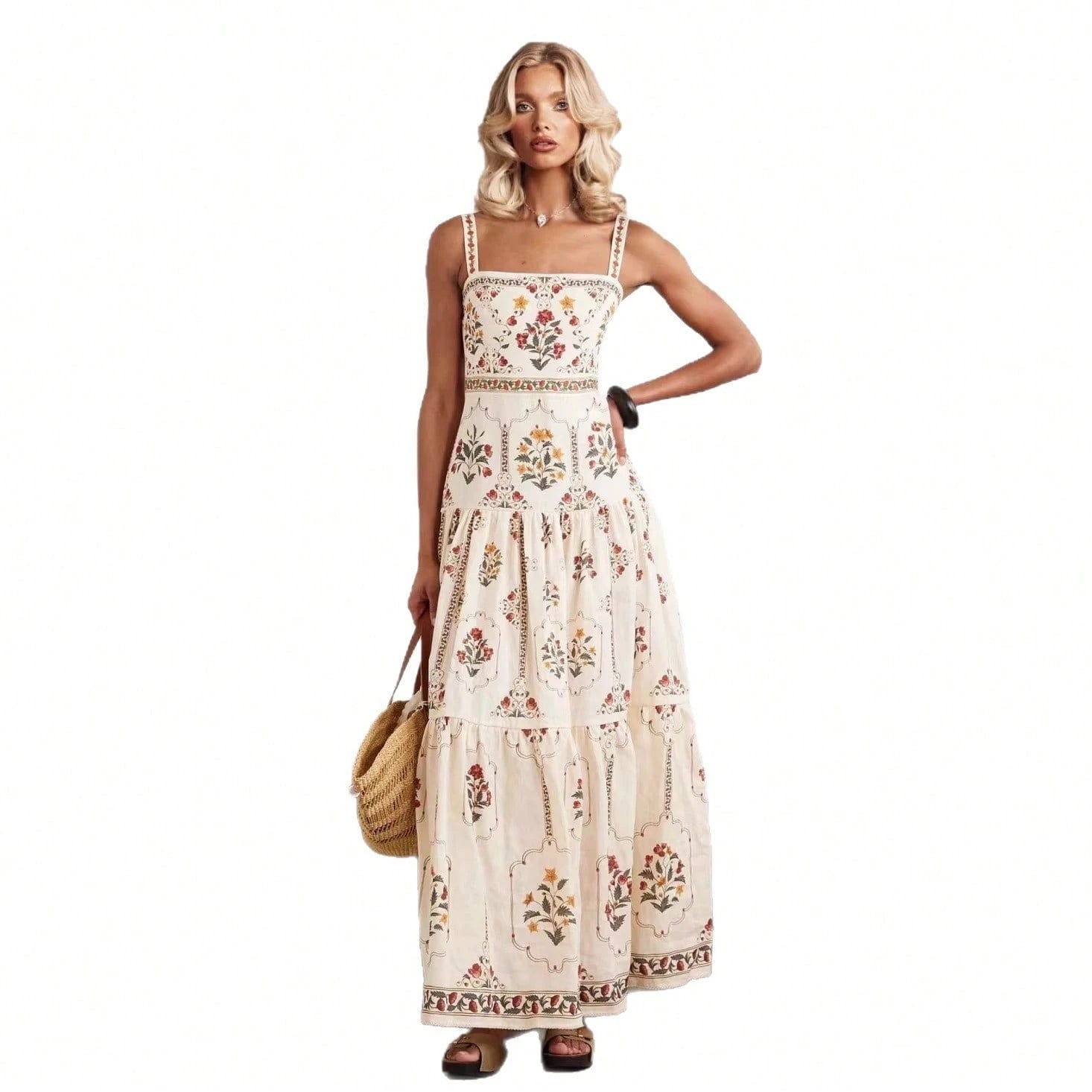 Women's Summer Boho Floral Print Tiered Maxi Dress Square Neck