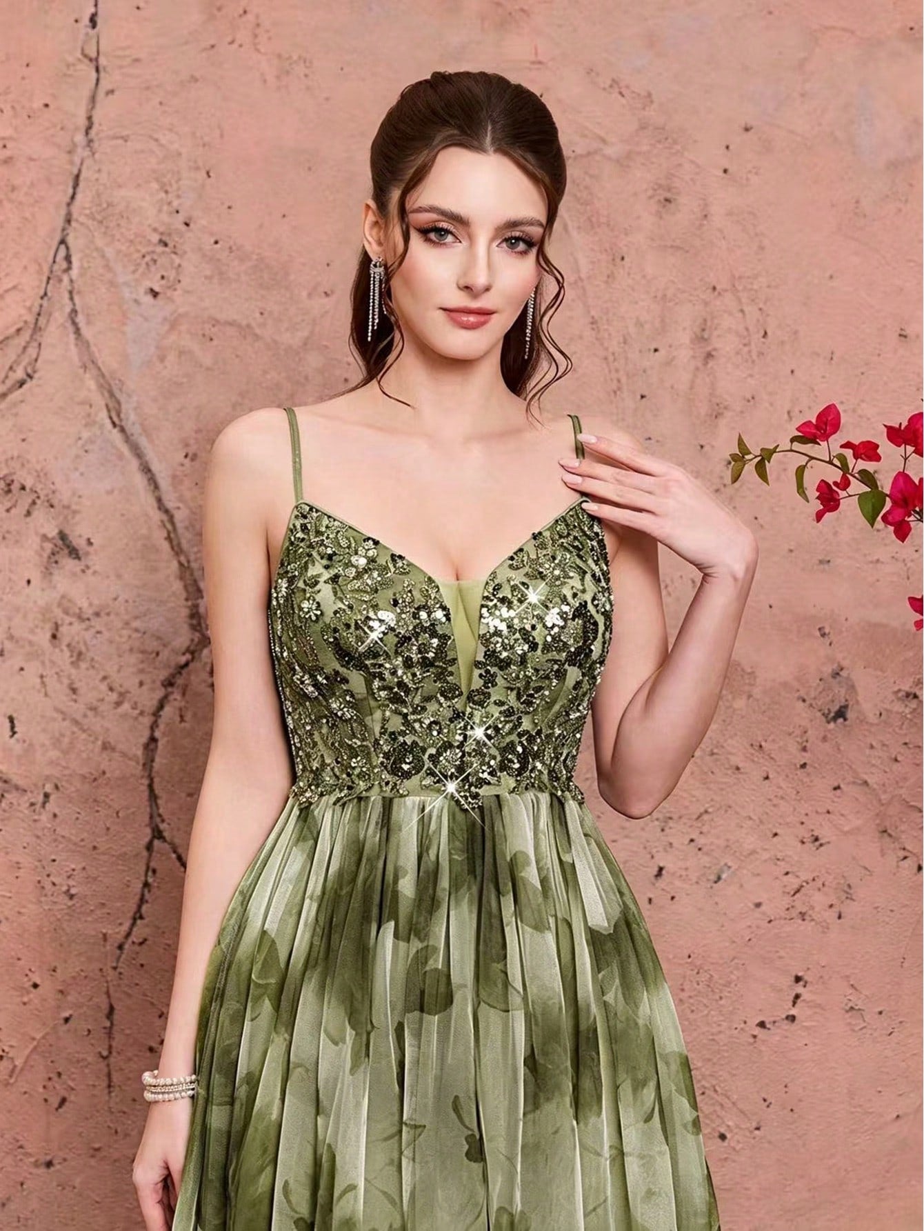 Purple Floral Print Sequin Spaghetti Strap A-Line Tulle Maxi Dress, Elegant Summer Evening Gown, Suitable For - image 12