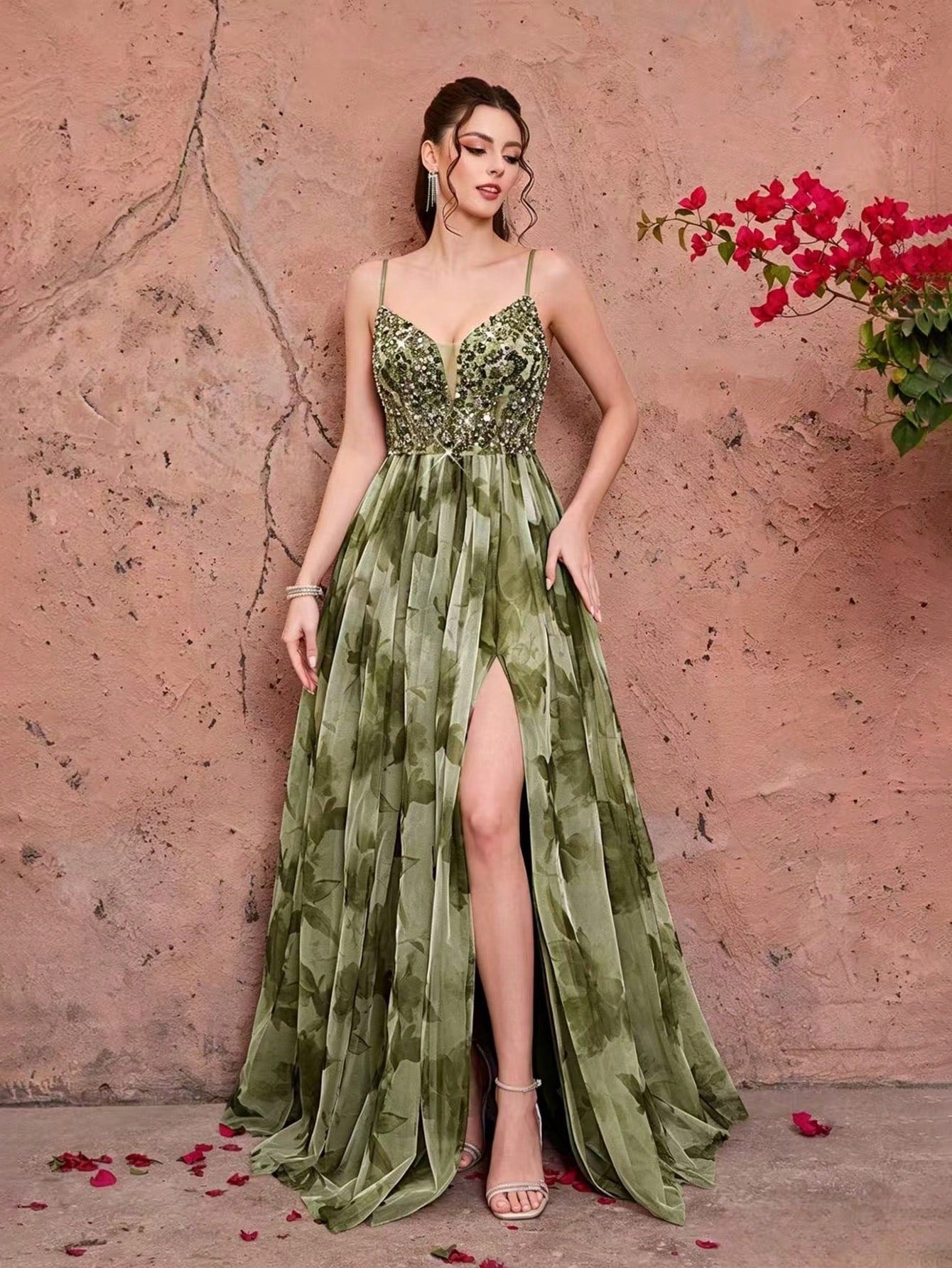 Purple Floral Print Sequin Spaghetti Strap A-Line Tulle Maxi Dress, Elegant Summer Evening Gown, Suitable For - image 11
