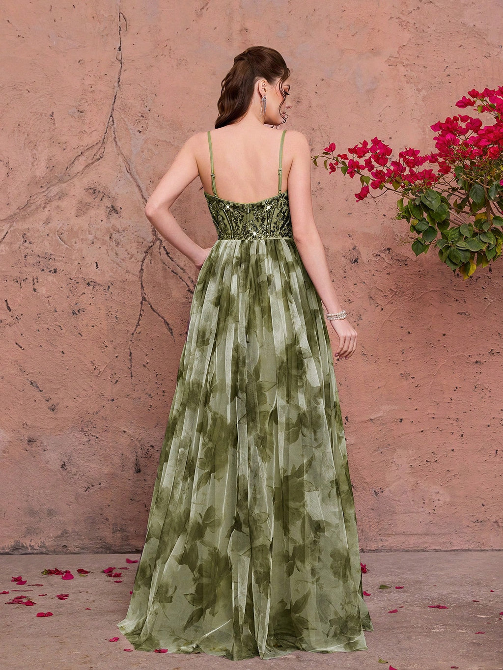 Purple Floral Print Sequin Spaghetti Strap A-Line Tulle Maxi Dress, Elegant Summer Evening Gown, Suitable For - image 13