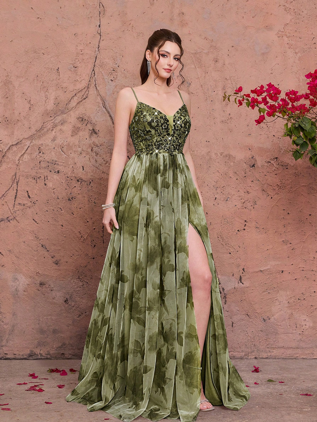 Purple Floral Print Sequin Spaghetti Strap A-Line Tulle Maxi Dress, Elegant Summer Evening Gown, Suitable For - image 14