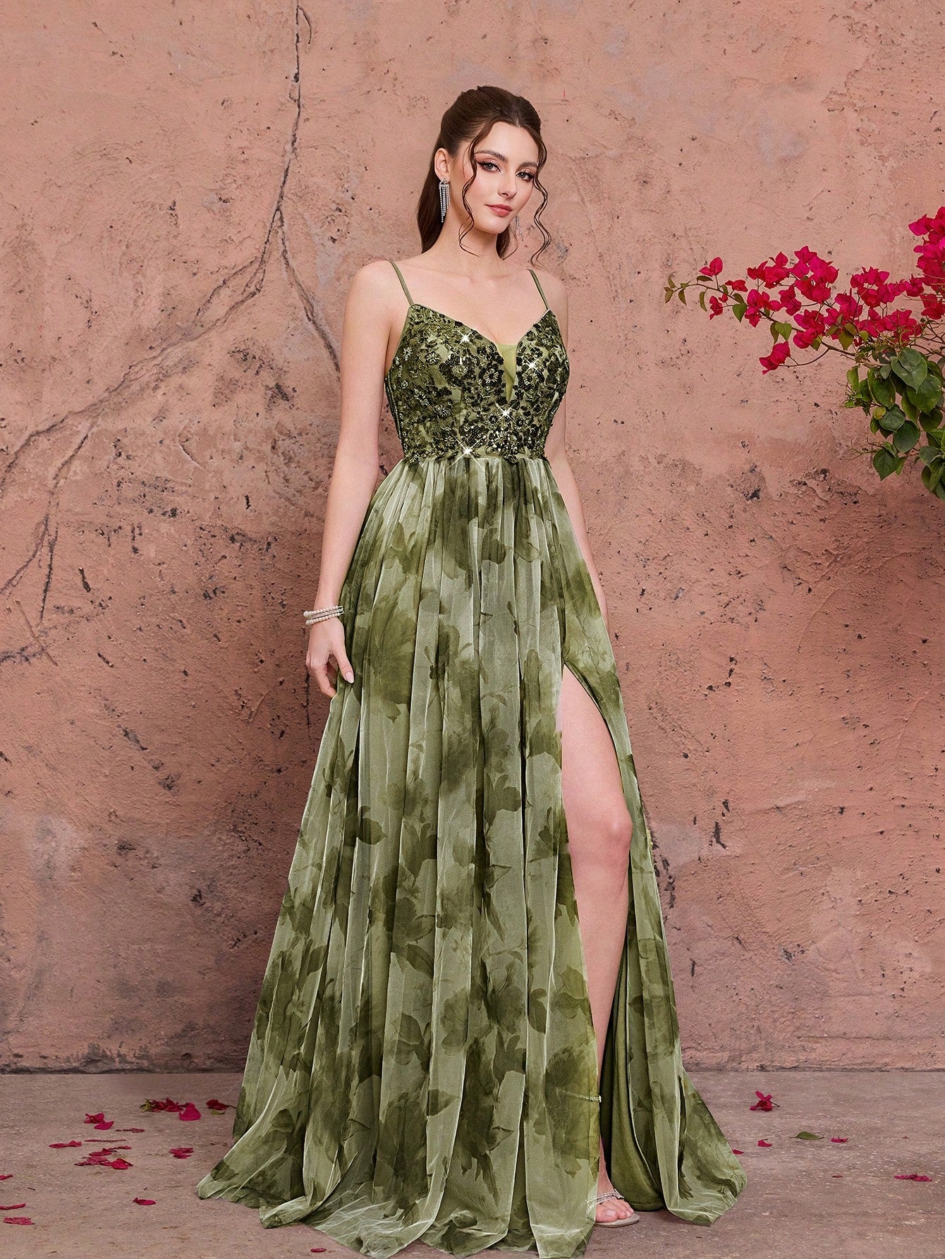 Purple Floral Print Sequin Spaghetti Strap A-Line Tulle Maxi Dress, Elegant Summer Evening Gown, Suitable For - image 14