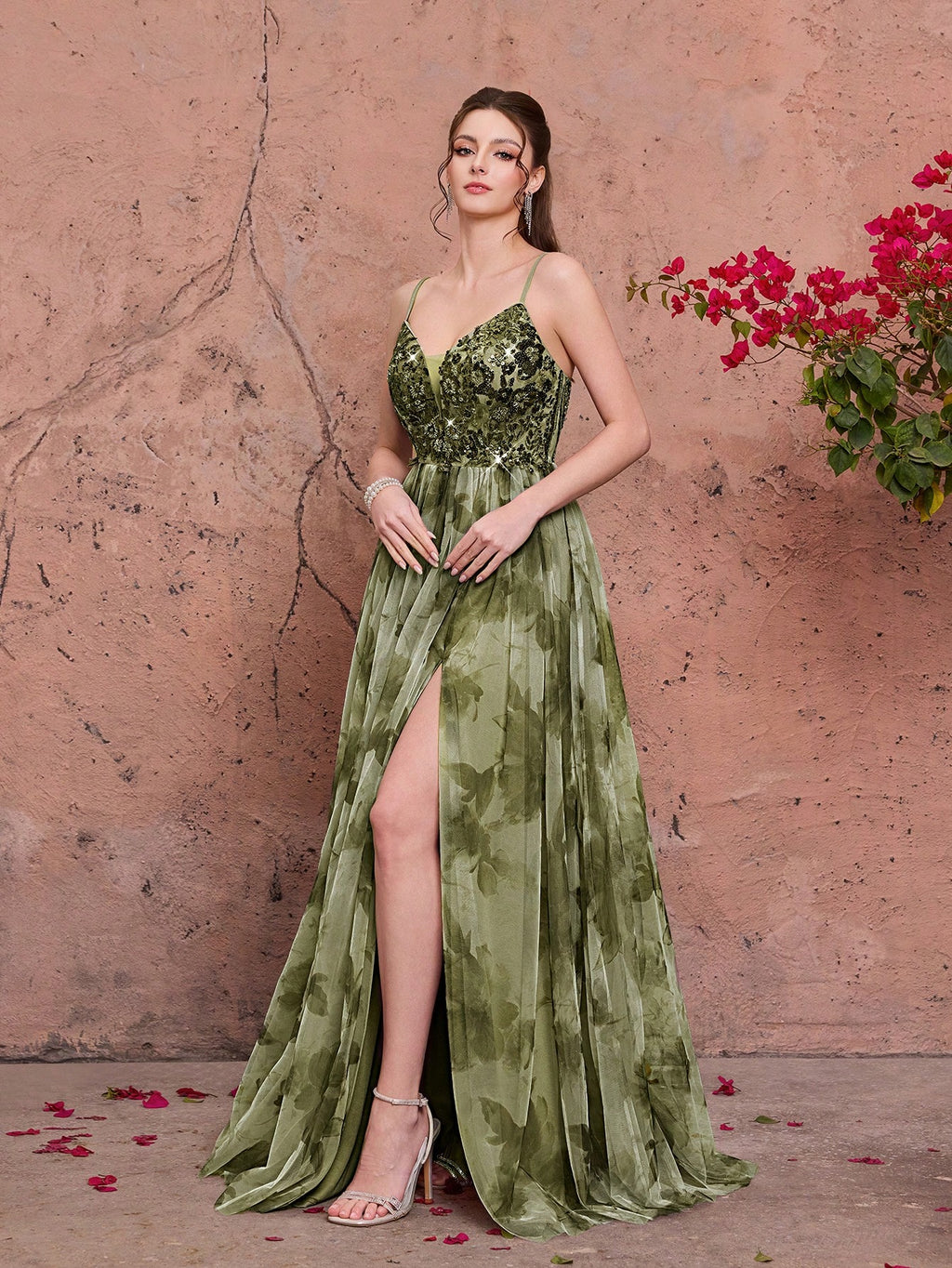 Purple Floral Print Sequin Spaghetti Strap A-Line Tulle Maxi Dress, Elegant Summer Evening Gown, Suitable For - image 16