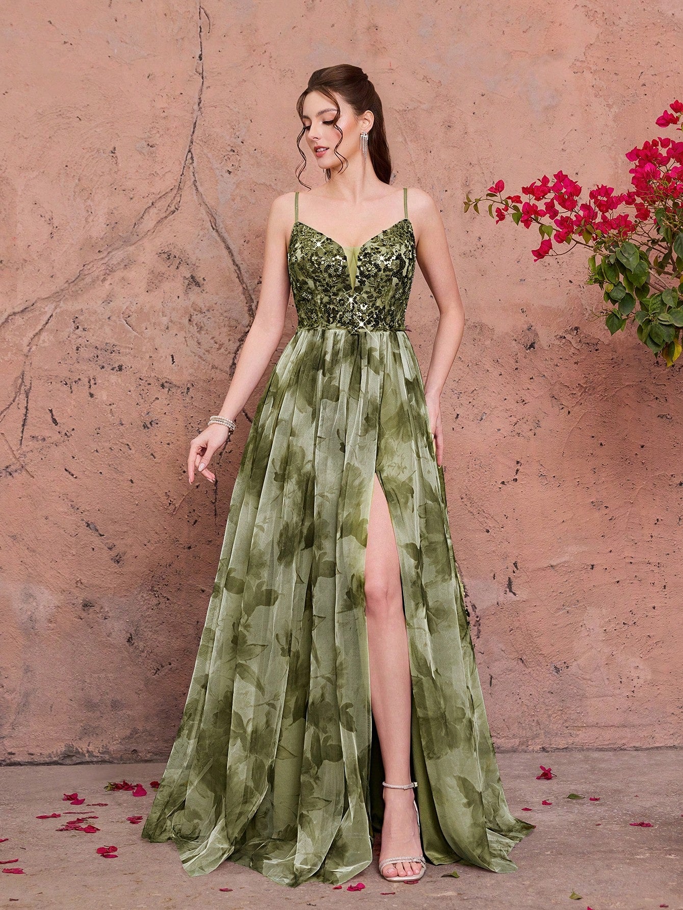 Purple Floral Print Sequin Spaghetti Strap A-Line Tulle Maxi Dress, Elegant Summer Evening Gown, Suitable For - image 15