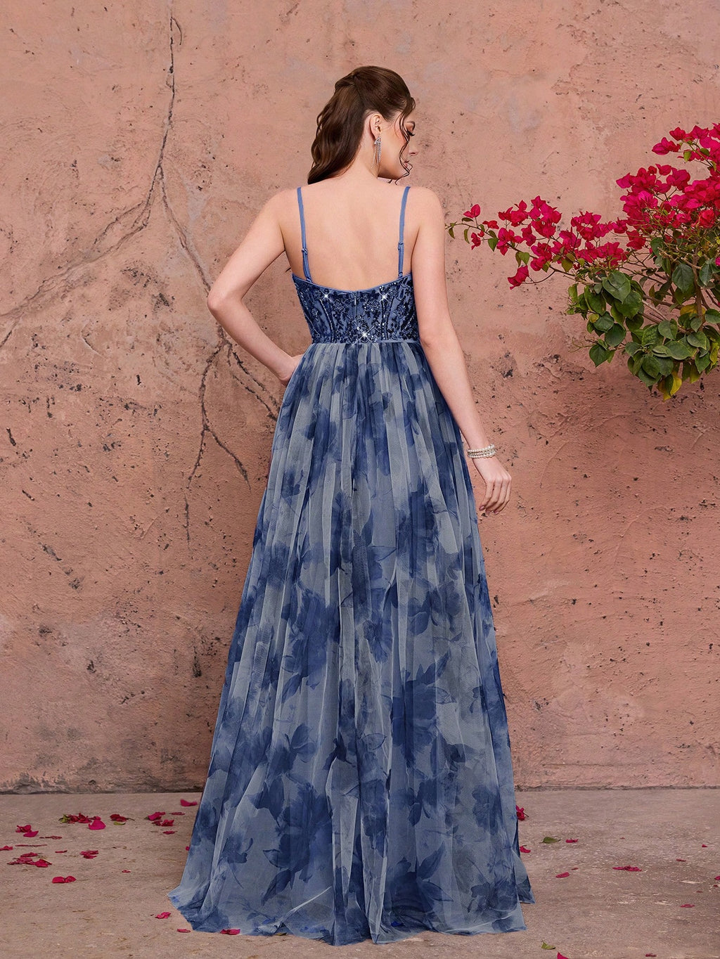 Purple Floral Print Sequin Spaghetti Strap A-Line Tulle Maxi Dress, Elegant Summer Evening Gown, Suitable For - image 20