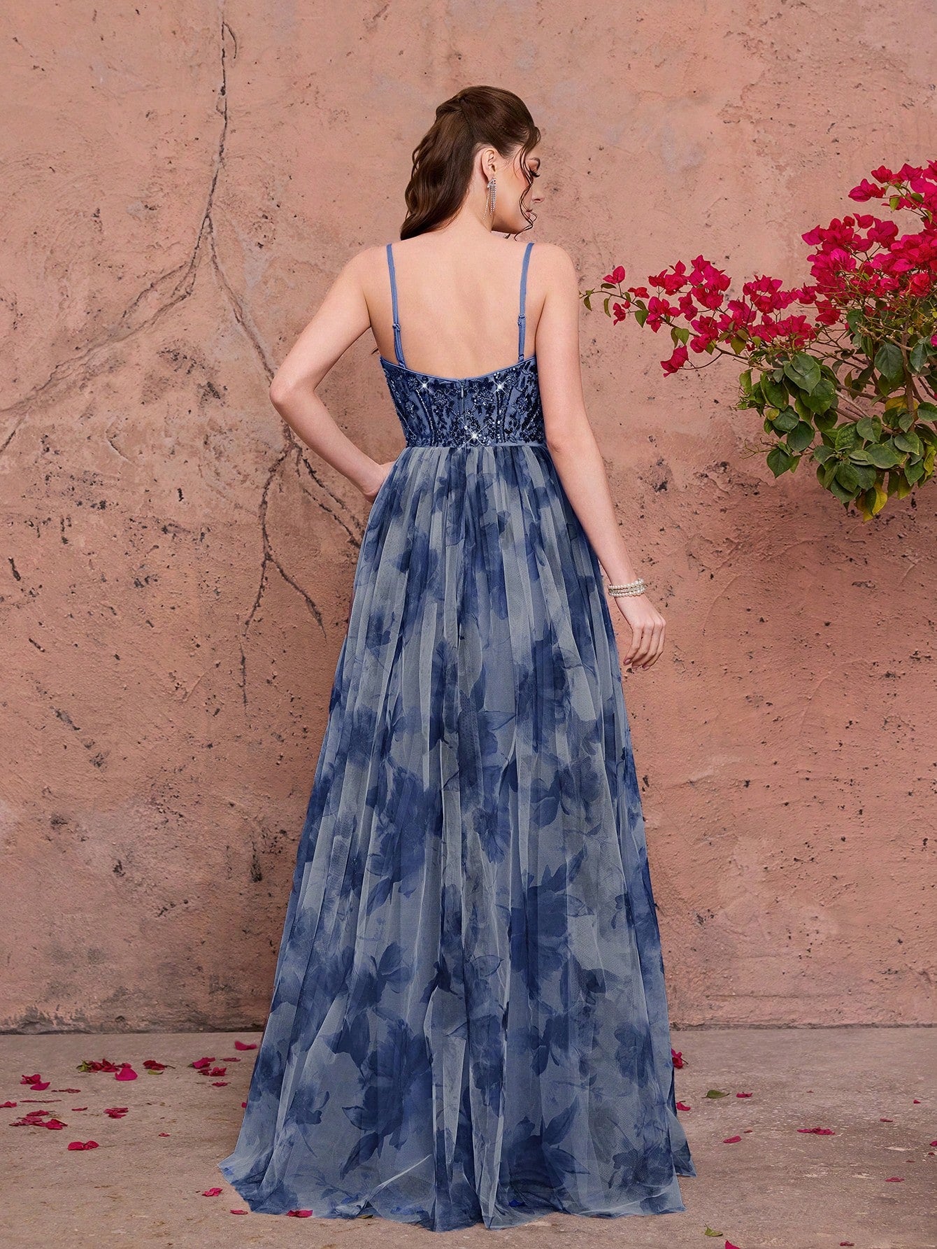 Purple Floral Print Sequin Spaghetti Strap A-Line Tulle Maxi Dress, Elegant Summer Evening Gown, Suitable For - image 20