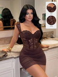 SXY Cup Lace Patchwork Wrap Dress Club Night Brown Summer,Going
