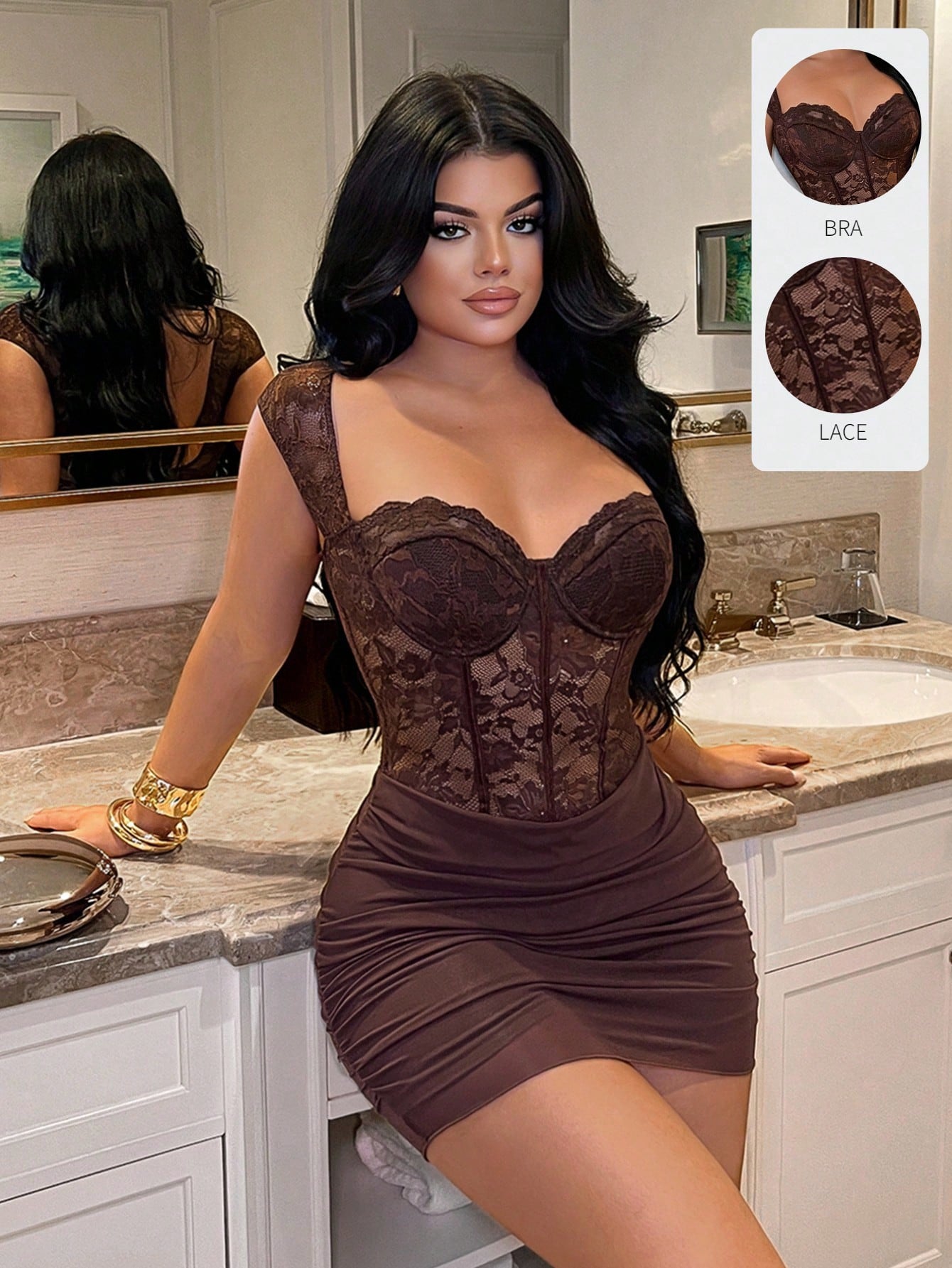 SXY Cup Lace Patchwork Wrap Dress Club Night Brown Summer,Going
