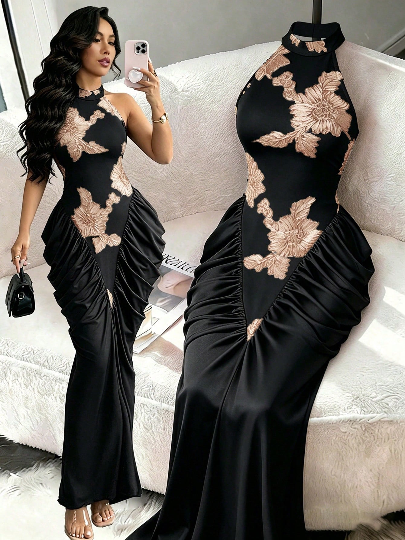 Modelyn Brown Mesh Jacquard Embroidered Backless Halter Neck Slim Fit