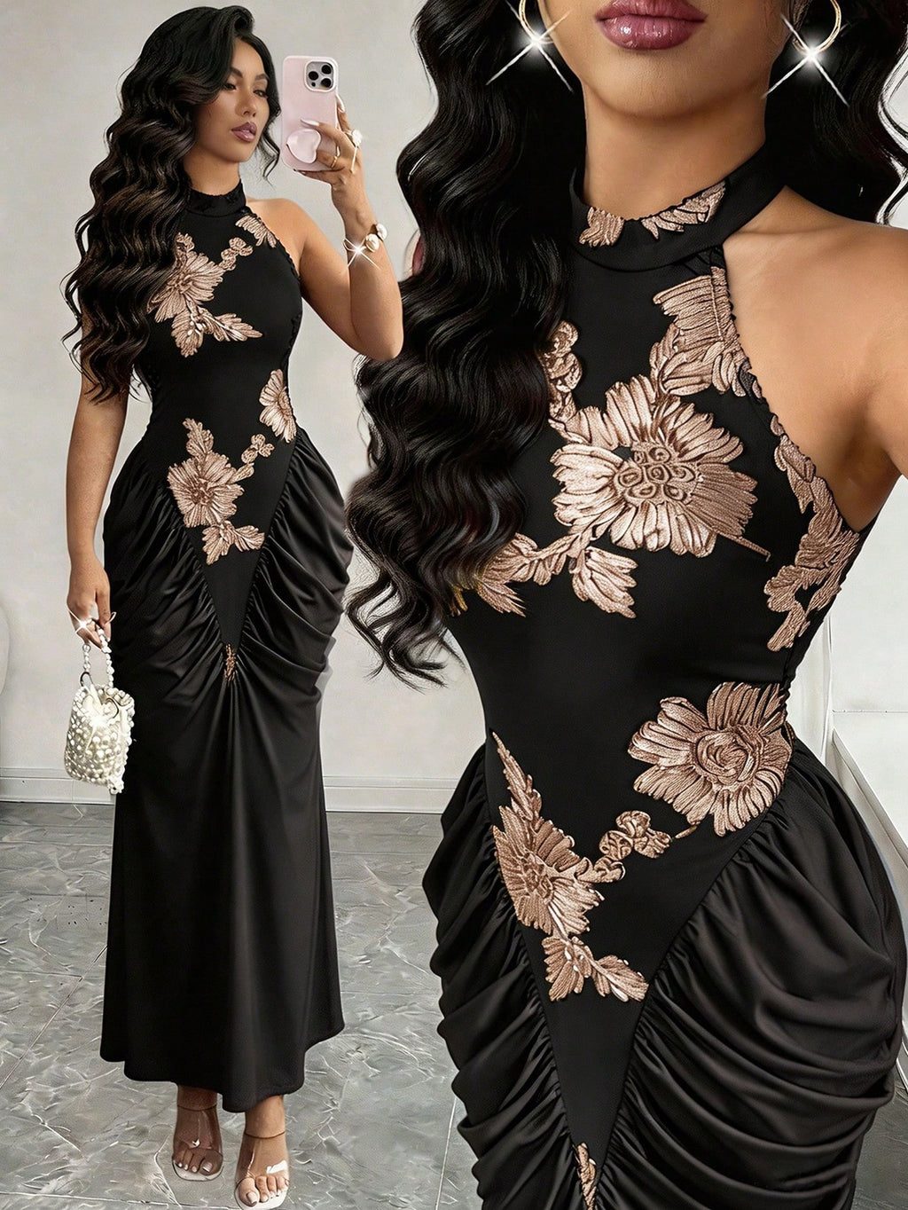 Modelyn Brown Mesh Jacquard Embroidered Backless Halter Neck Slim Fit