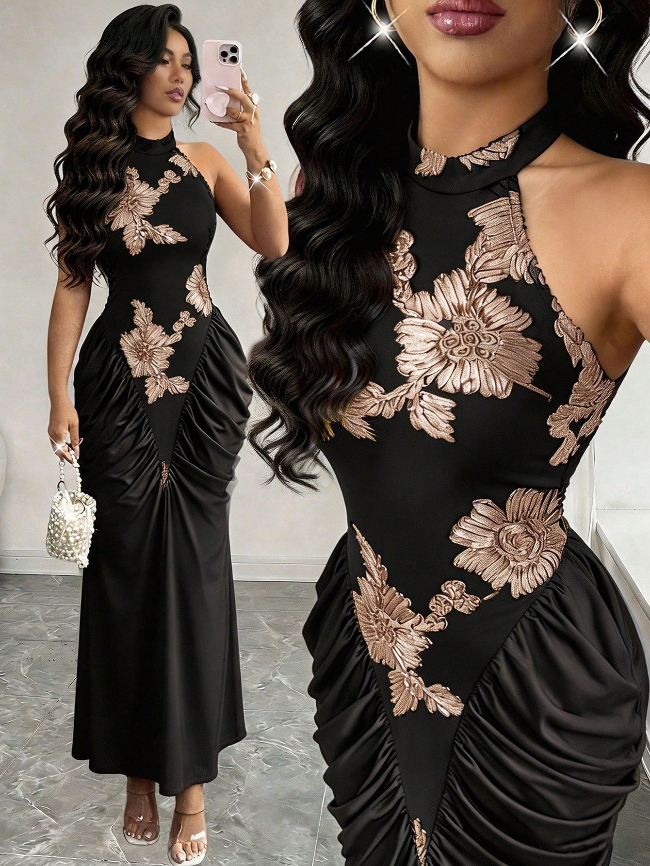 Modelyn Brown Mesh Jacquard Embroidered Backless Halter Neck Slim Fit