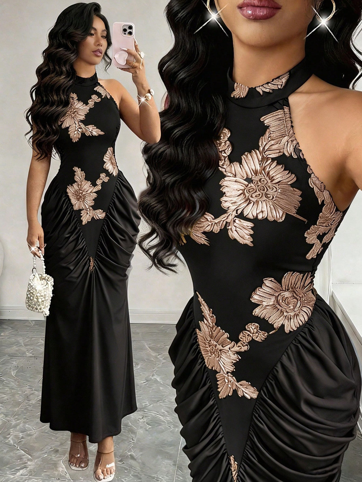 Modelyn Brown Mesh Jacquard Embroidered Backless Halter Neck Slim Fit Ruched Gathered Design Fashionable - image 18
