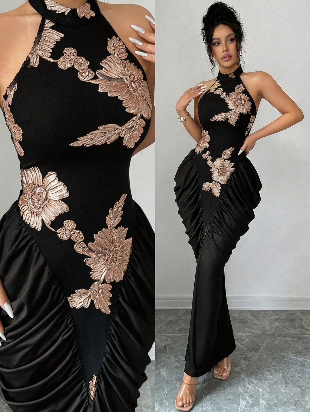 Modelyn Brown Mesh Jacquard Embroidered Backless Halter Neck Slim Fit