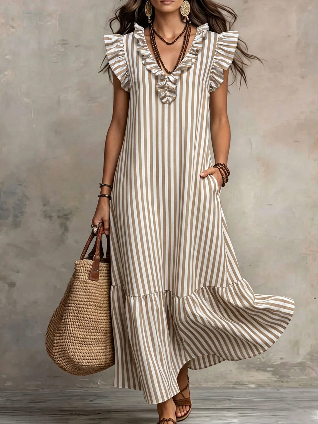 Omancia Women's Fashion Casual Striped Ruffle Edge Design Flutter