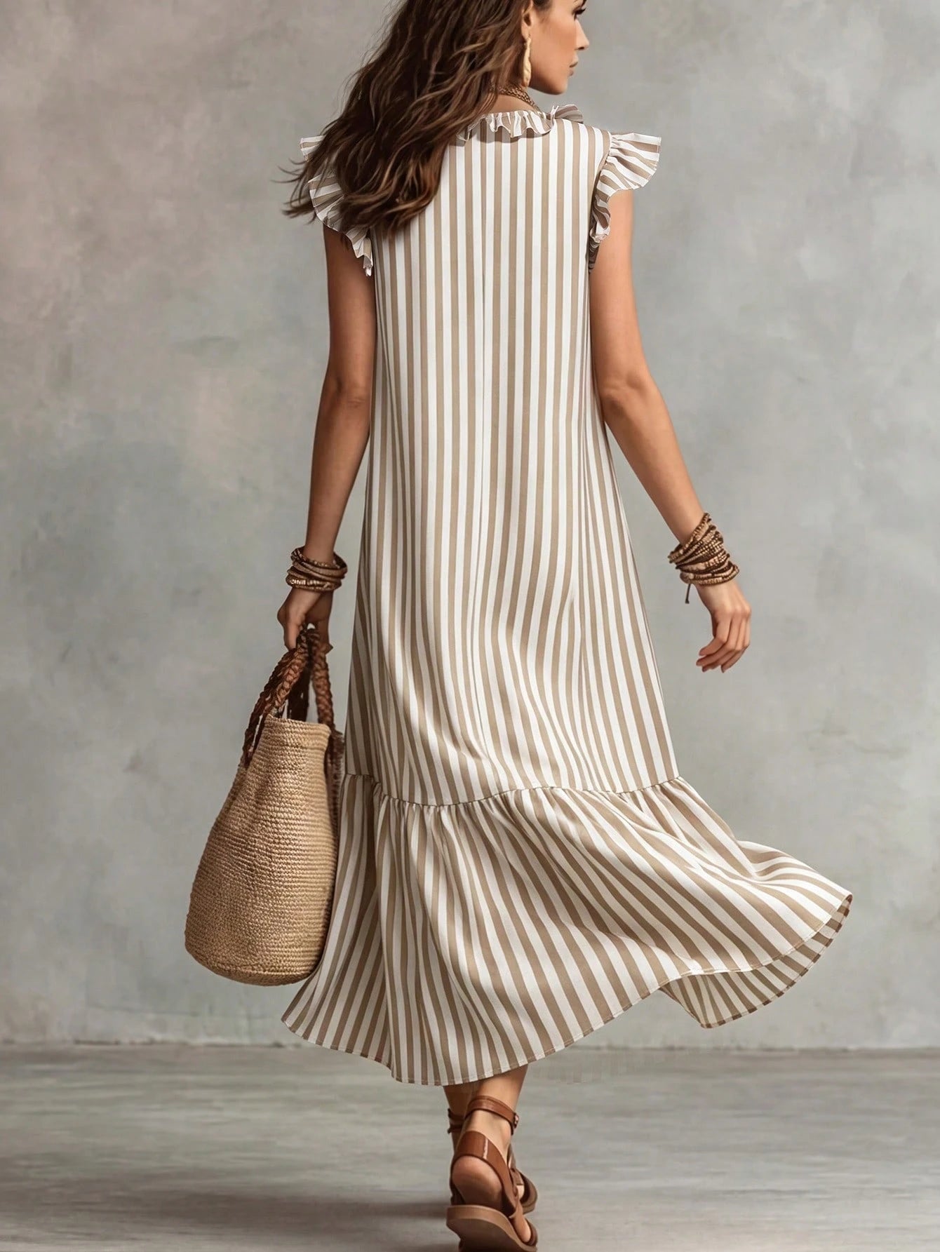 Omancia Women's Fashion Casual Striped Ruffle Edge Design Flutter