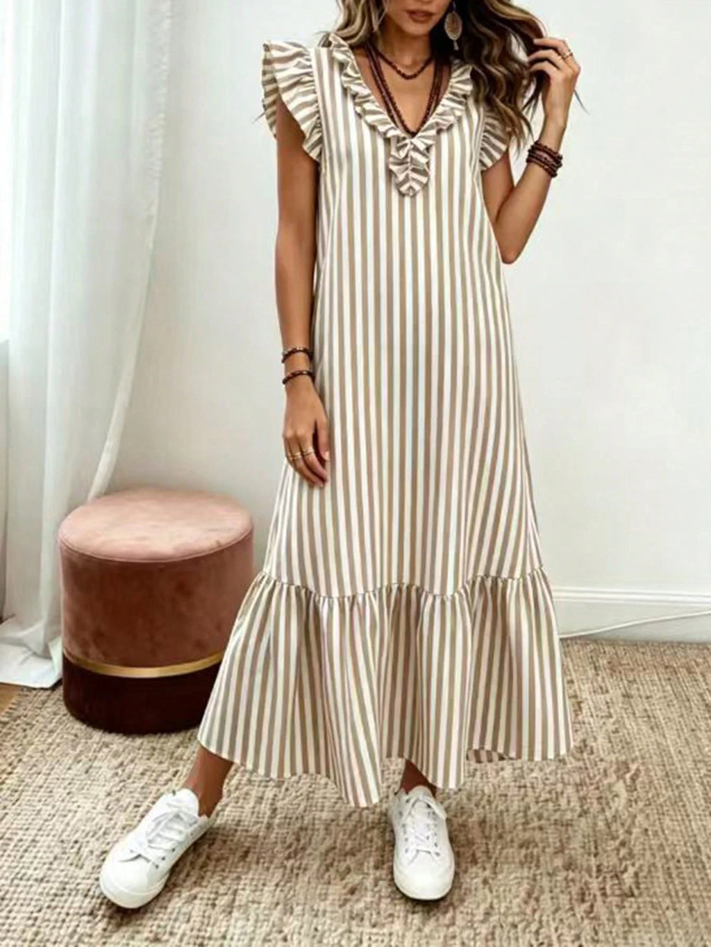 Omancia Women's Fashion Casual Striped Ruffle Edge Design Flutter