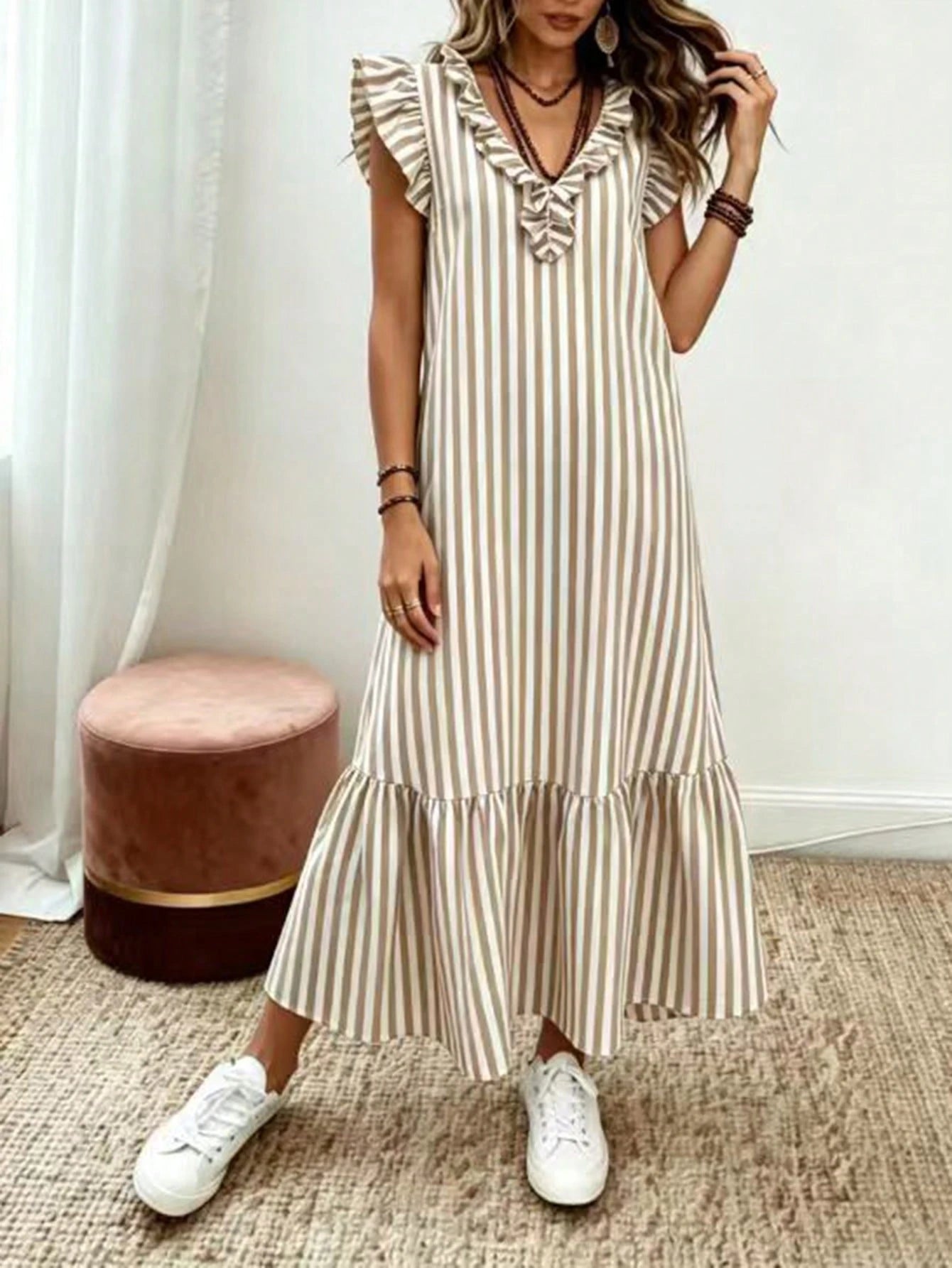 Omancia Women's Fashion Casual Striped Ruffle Edge Design Flutter