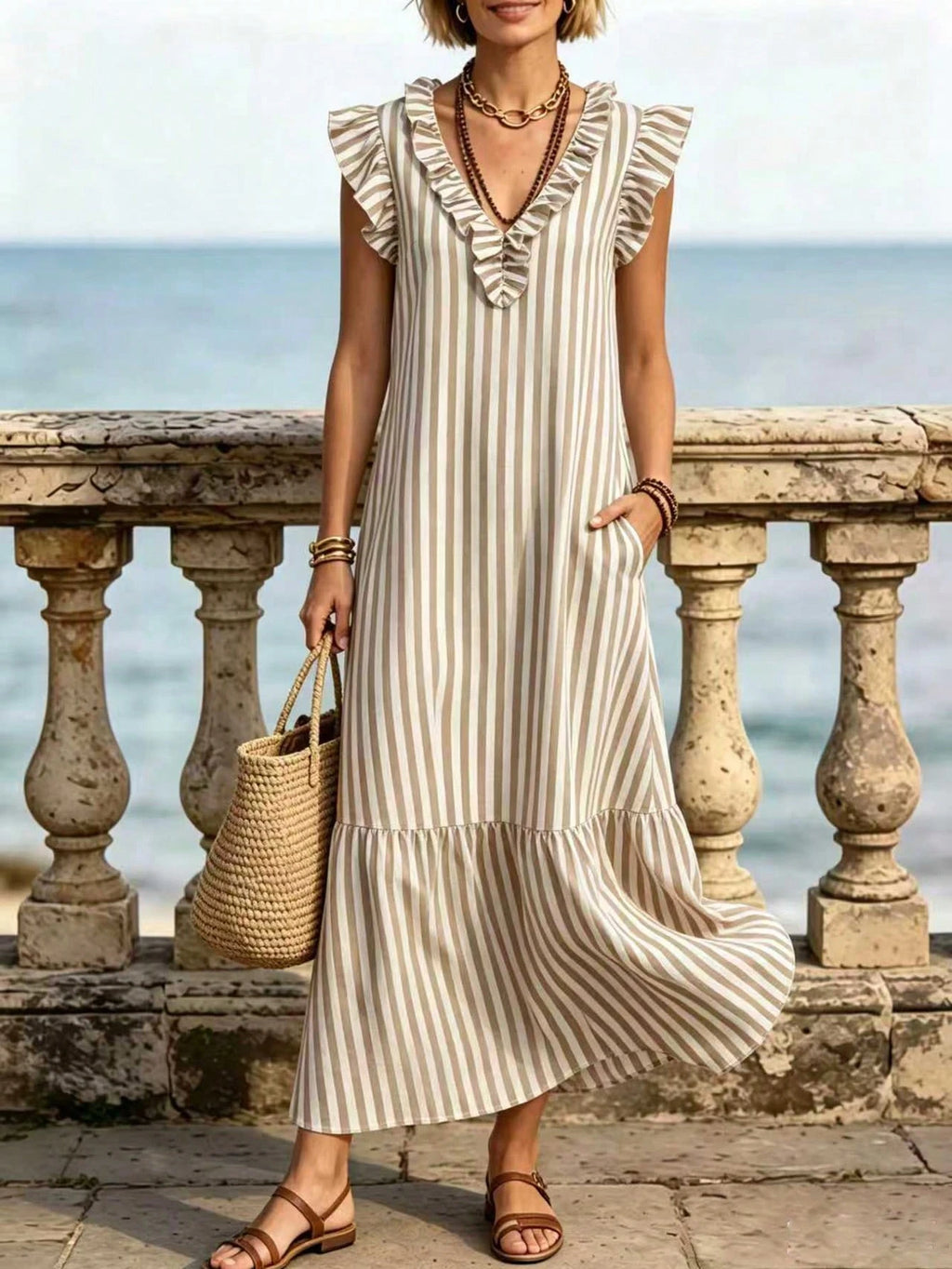 Omancia Women's Fashion Casual Striped Ruffle Edge Design Flutter Sleeve Long Dress Bohemian Vacation Loose - image 4