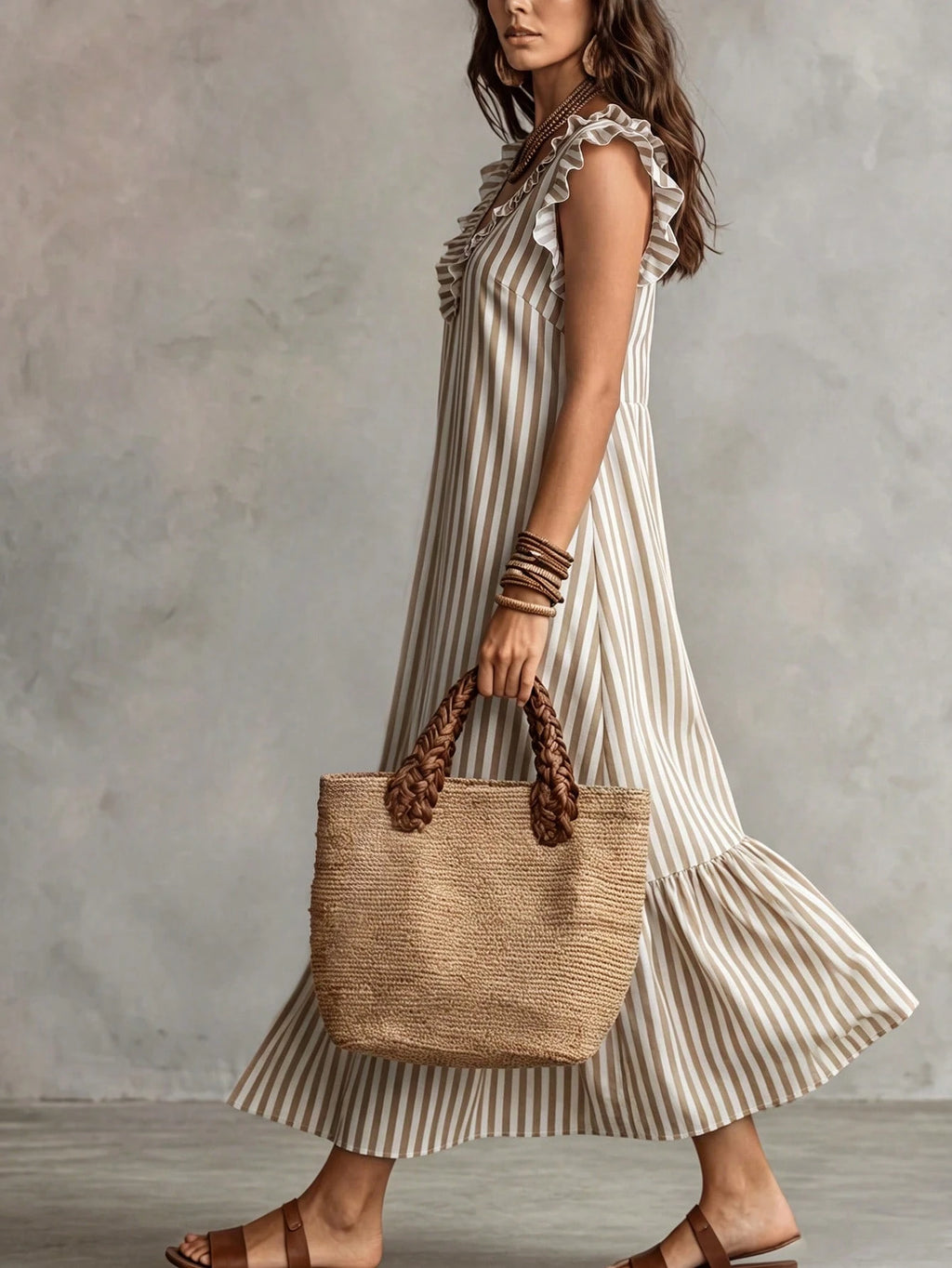 Omancia Women's Fashion Casual Striped Ruffle Edge Design Flutter Sleeve Long Dress Bohemian Vacation Loose - image 6