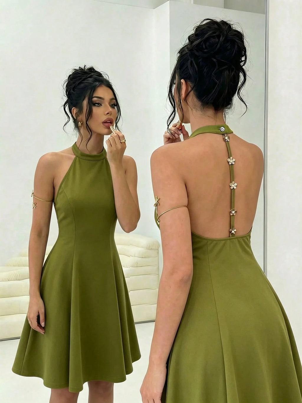 Elenzga Women's Elegant Vacation & Commute Halter Backless Solid Color A-Line Dress, Suitable For Spring And - image 7