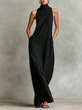2026 New Linen High Collar Sleeveless Long Dress, Loose And Simple