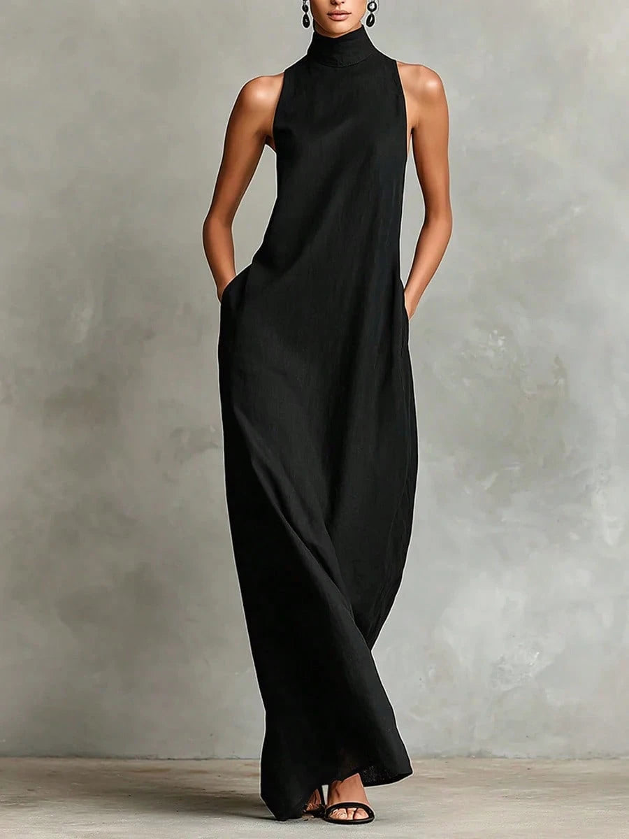 2026 New Linen High Collar Sleeveless Long Dress, Loose And Simple