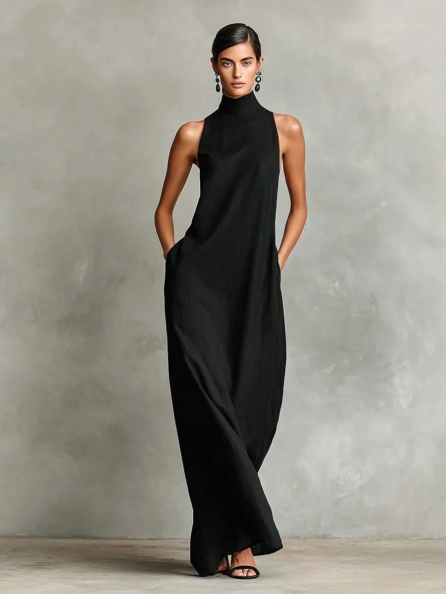 2026 New Linen High Collar Sleeveless Long Dress, Loose And Simple