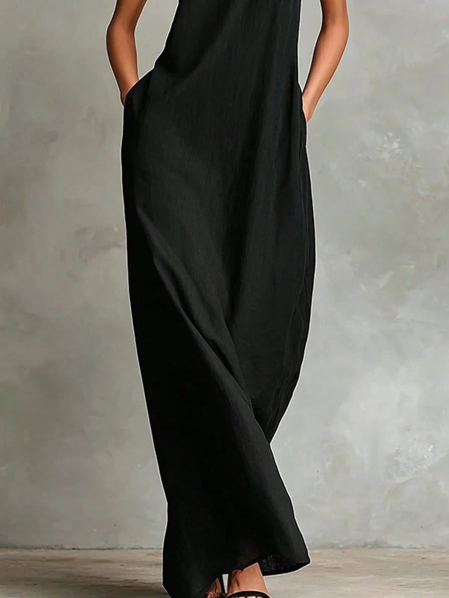 2026 New Linen High Collar Sleeveless Long Dress, Loose And Simple
